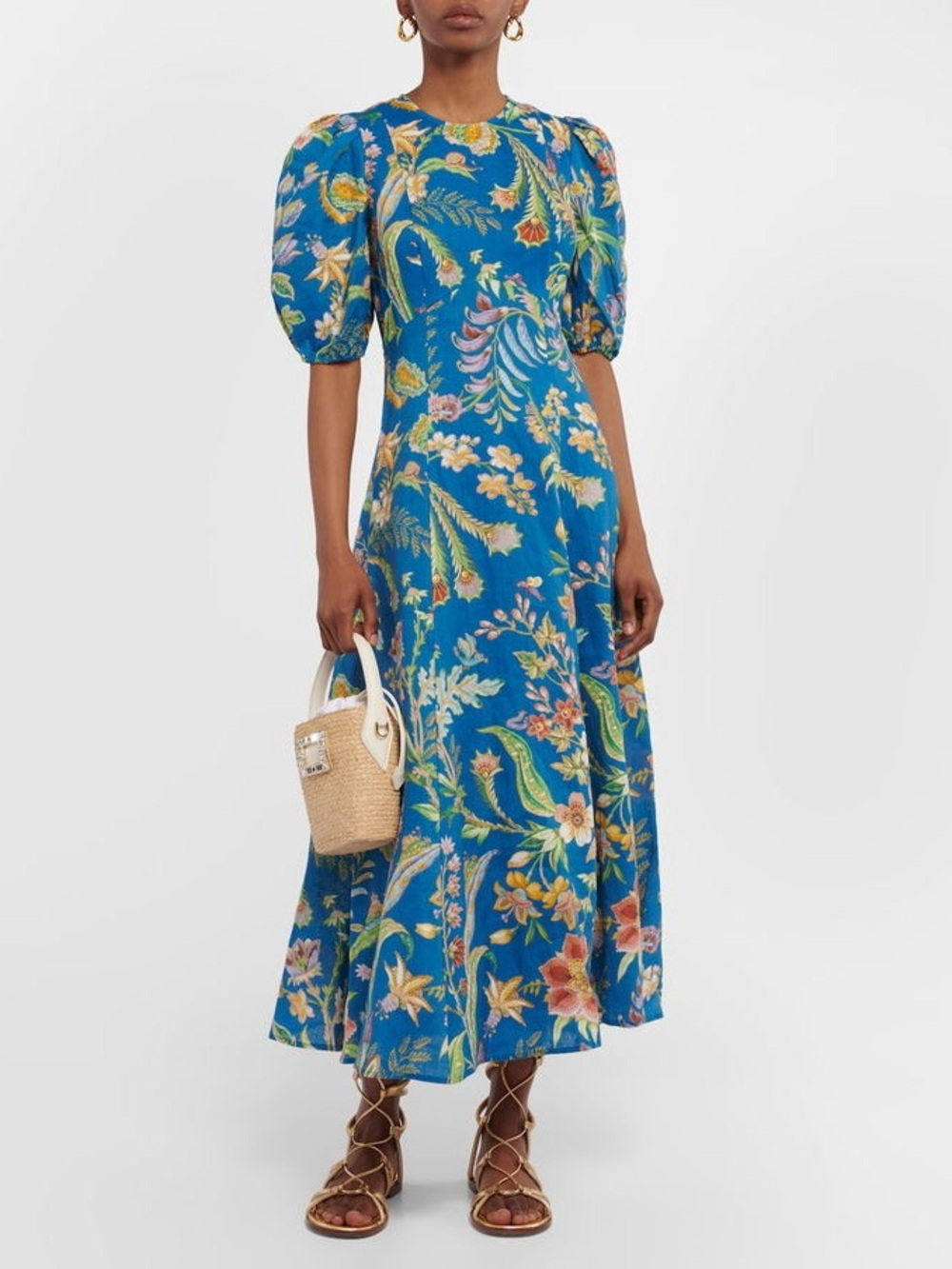 Alemais Floral Puff-Sleeve Midi Dress